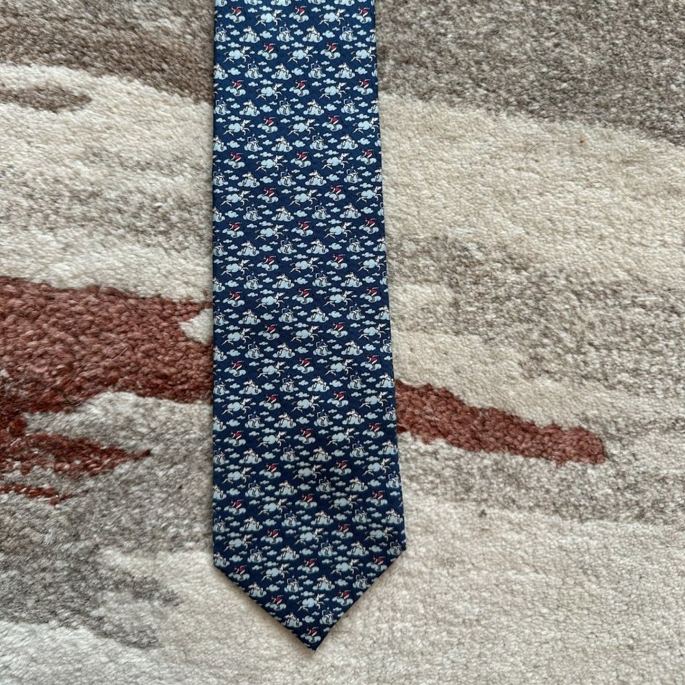 New with tags Hermes 100% Silk Dancing Horses Logo Pattern Tie Sky Blue